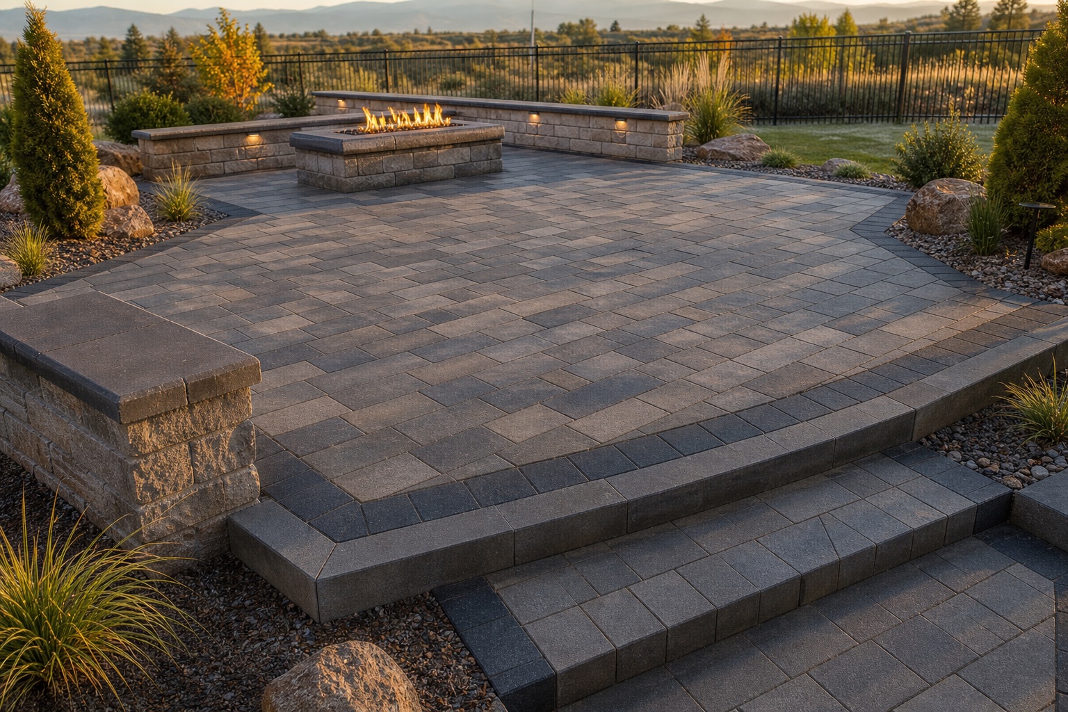 Finished concrete paver patio with contrasting border, steps, seat walls and fire feature