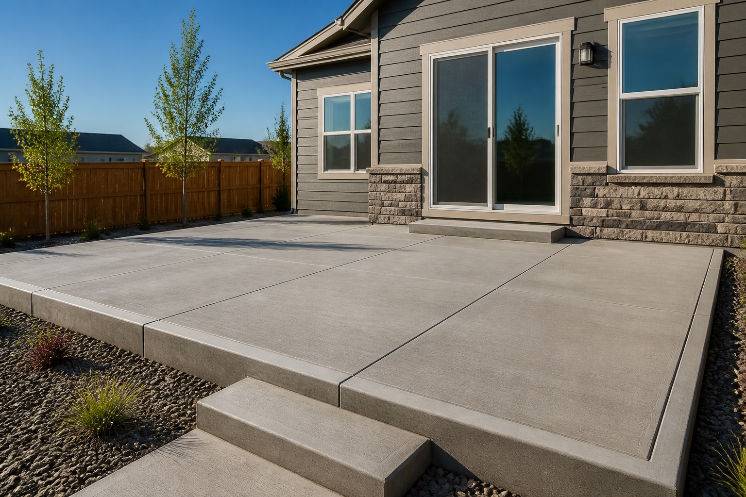 Clean broom-finished residential concrete pad with control joints and finished edges