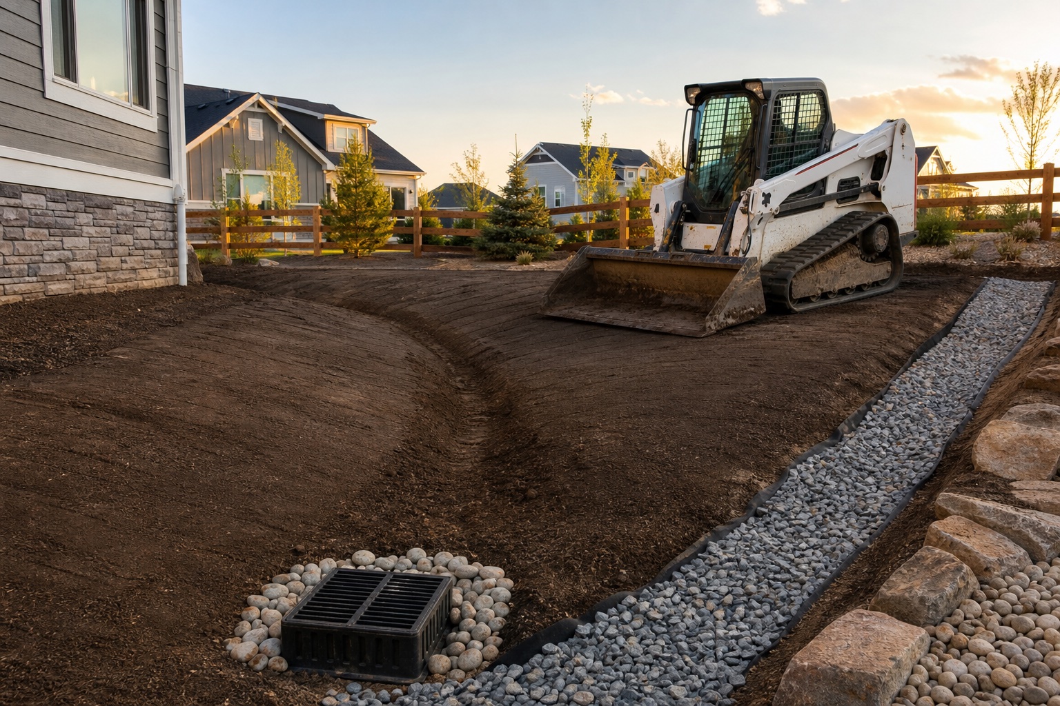Residential grading in progress with a compact track loader, drainage swale and catch basin