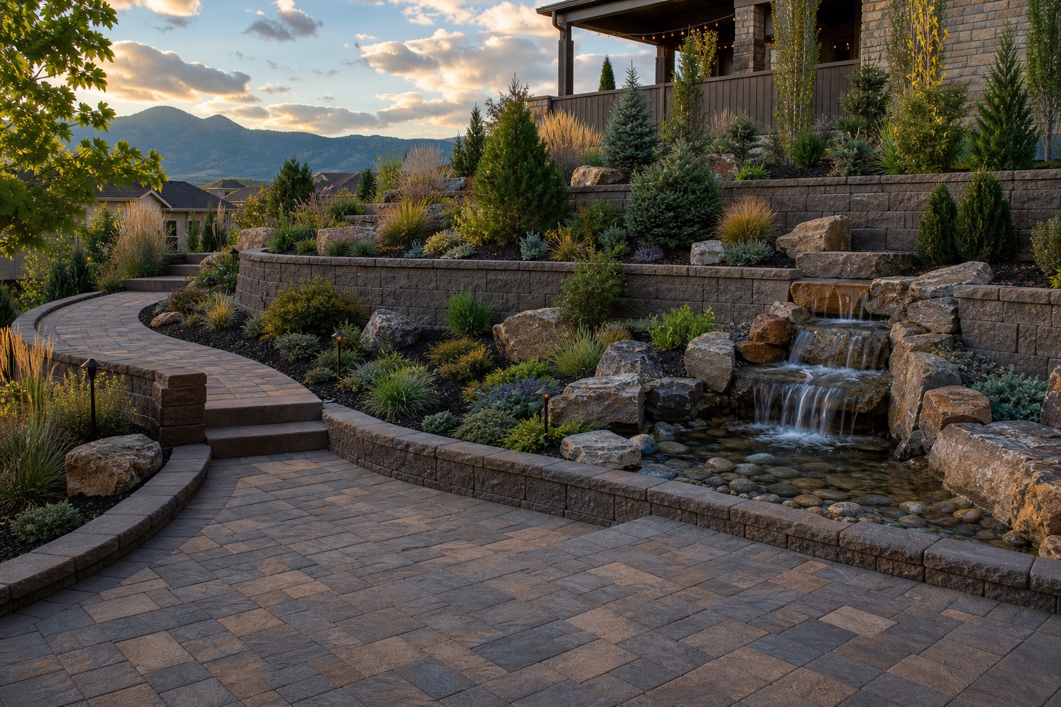 Complete landscape installation with pavers, retaining walls, planting and a water feature