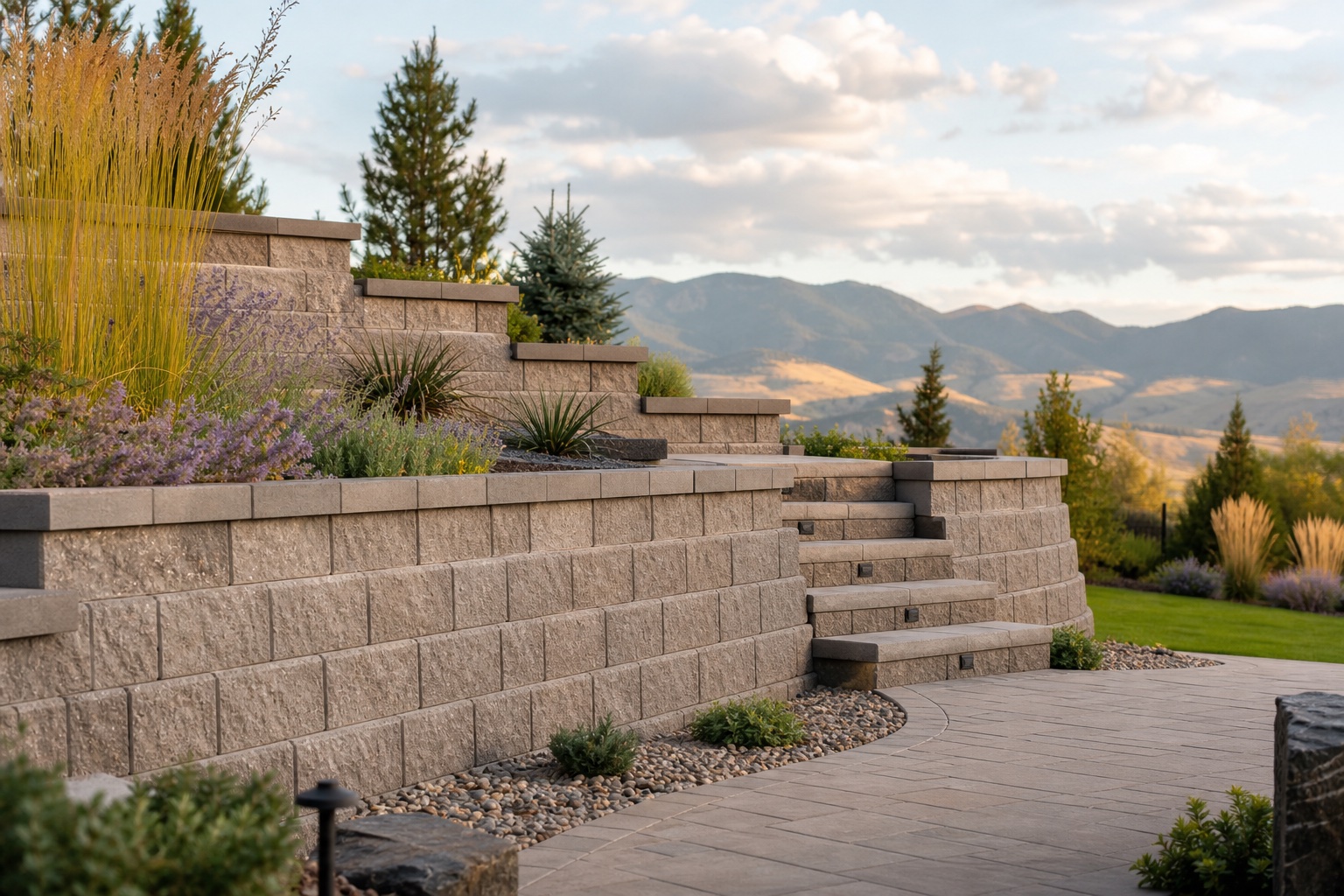 Terraced segmental retaining wall with capstones, integrated steps and Colorado planting
